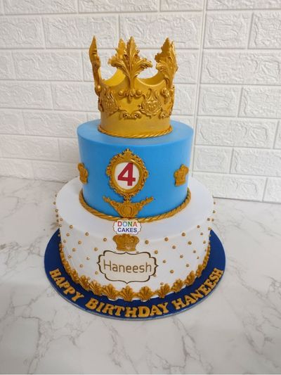 Blue & Golden Crown Two Tier Cake